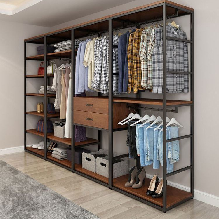 Simple Wardrobe Bedroom Modern Combination Rental House Open Cloakroom Floor Hanger Storage Cabinet Made China No Assembly