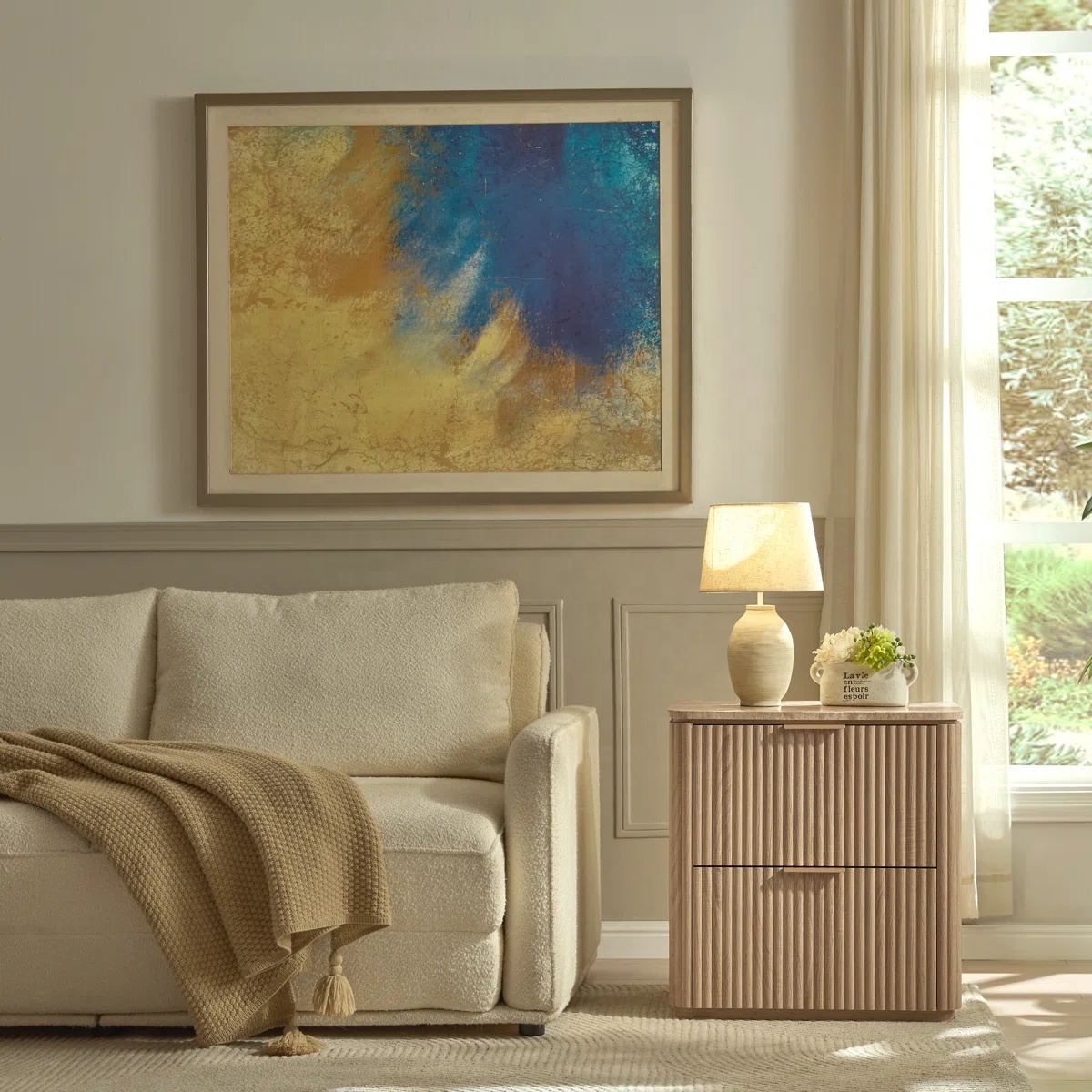 Premium Fluted Oak Nightstand, 2-Drawer Ribbed Bedside Table with Rounded Corners, Luxury Modern Master Bedroom End Side Table