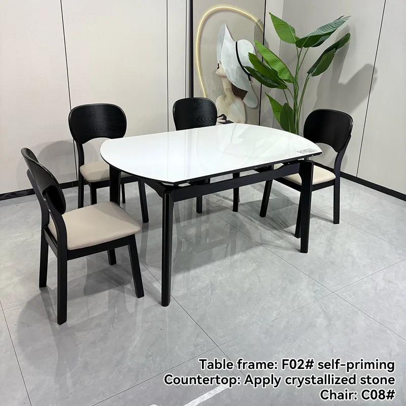 Modern Folding Dining Table Set with 6 Chairs Tempered Glass Top and Solid Wood Frame
