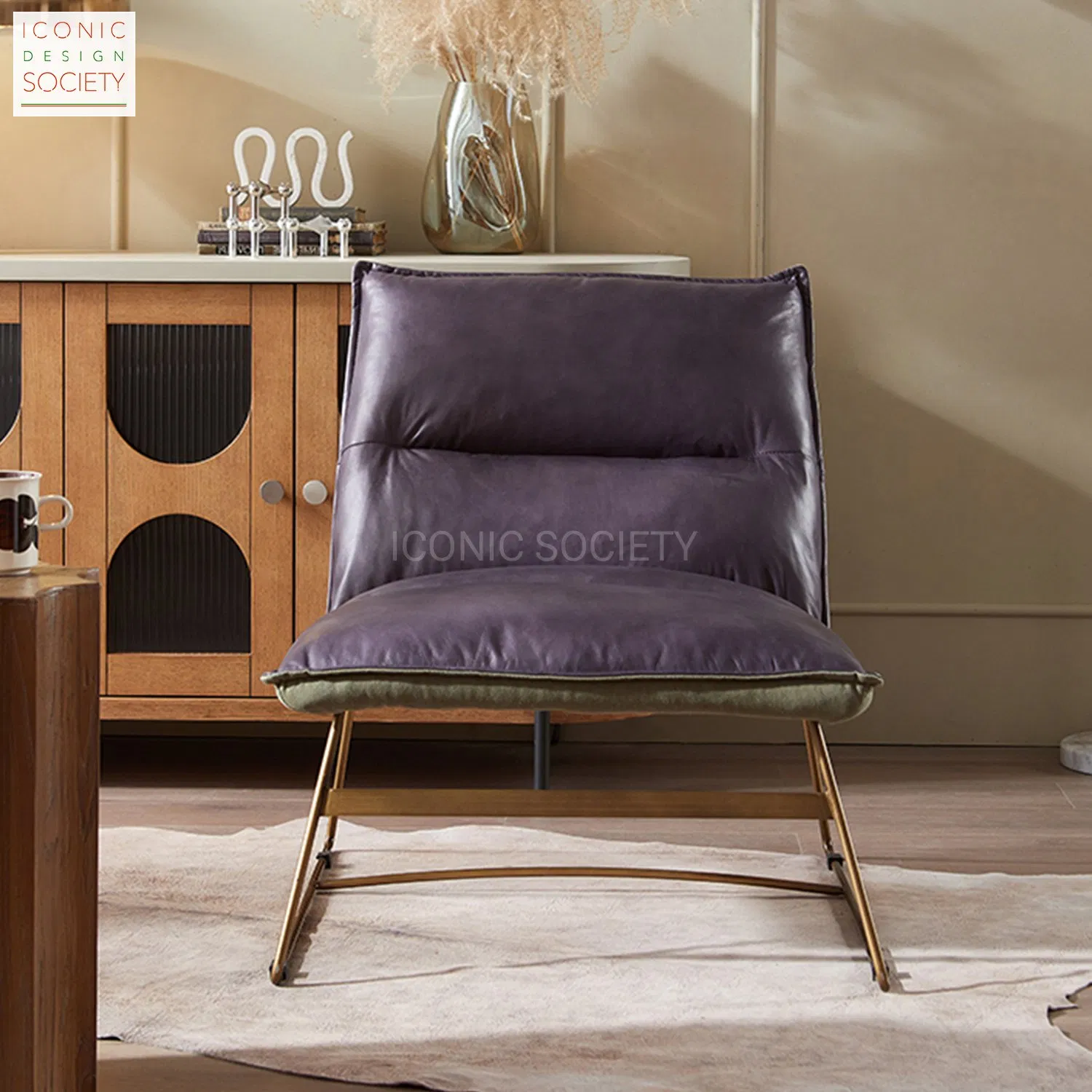Modern Large Seat Leisure Chair Ottoman Home Patio Living Room Furniture Metal Frame Genuine Leather Accent Chair