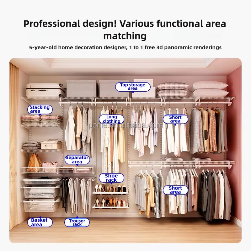 Modern Steel Wire MDF Door Sliding Doors Wardrobe Shelving Extendable Adjustable Portable Lockable Bedroom Storage System DIY
