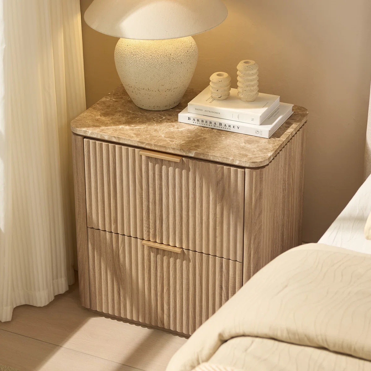 Premium Fluted Oak Nightstand, 2-Drawer Ribbed Bedside Table with Rounded Corners, Luxury Modern Master Bedroom End Side Table