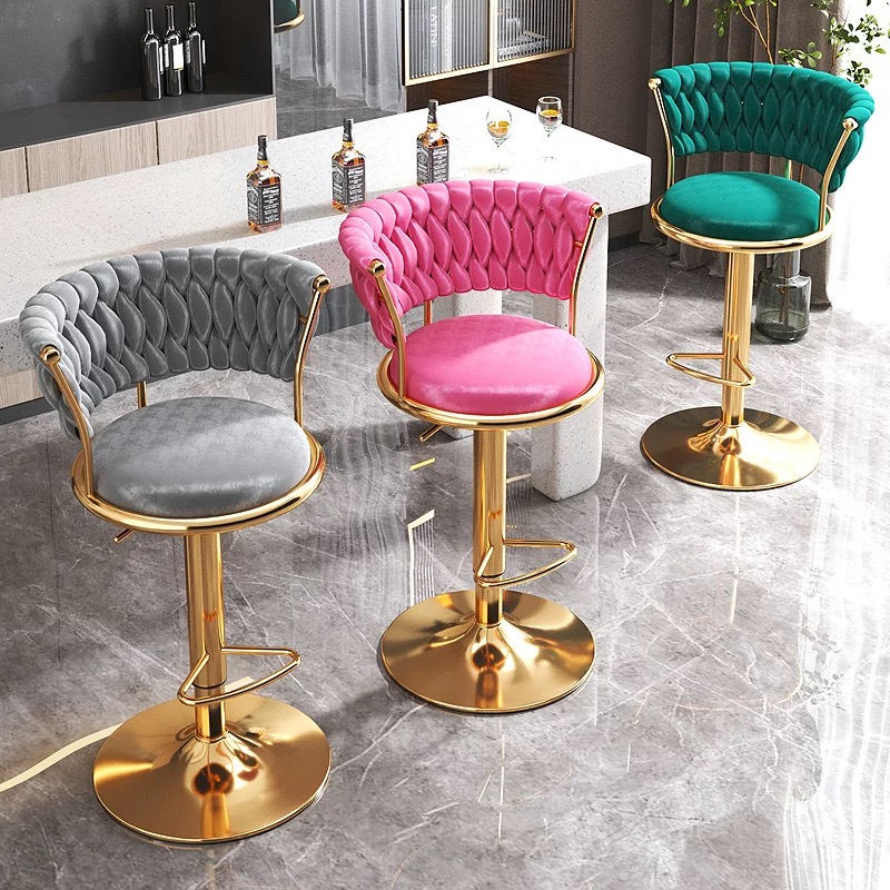 Modern Luxury Kitchen Island Counter Furniture Metal Velvet Swivel High Gold Metal Bar Stools