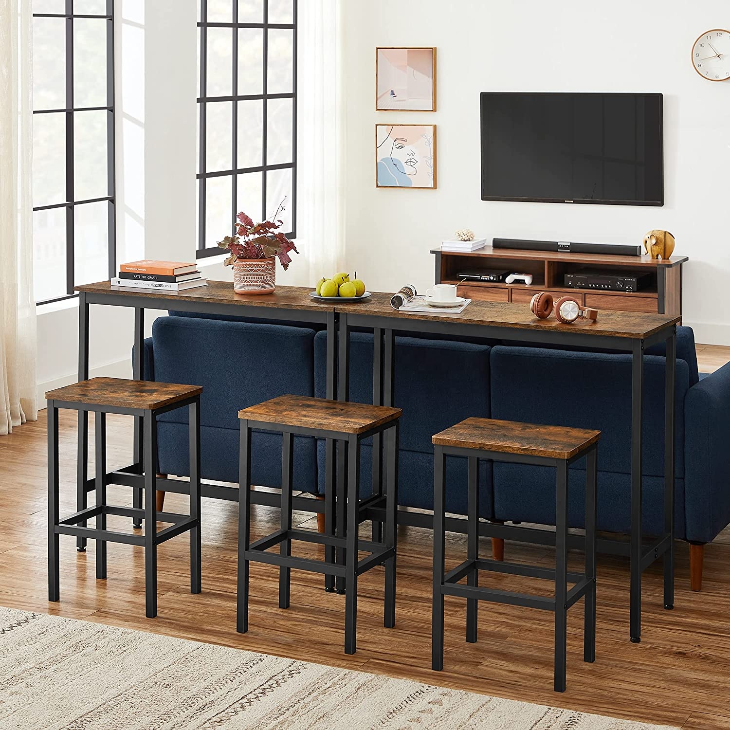 Industrial Dining Table Set Bar Table and Chairs Set Kitchen Bar Height Table with Stools Set of 2 Steel Frame