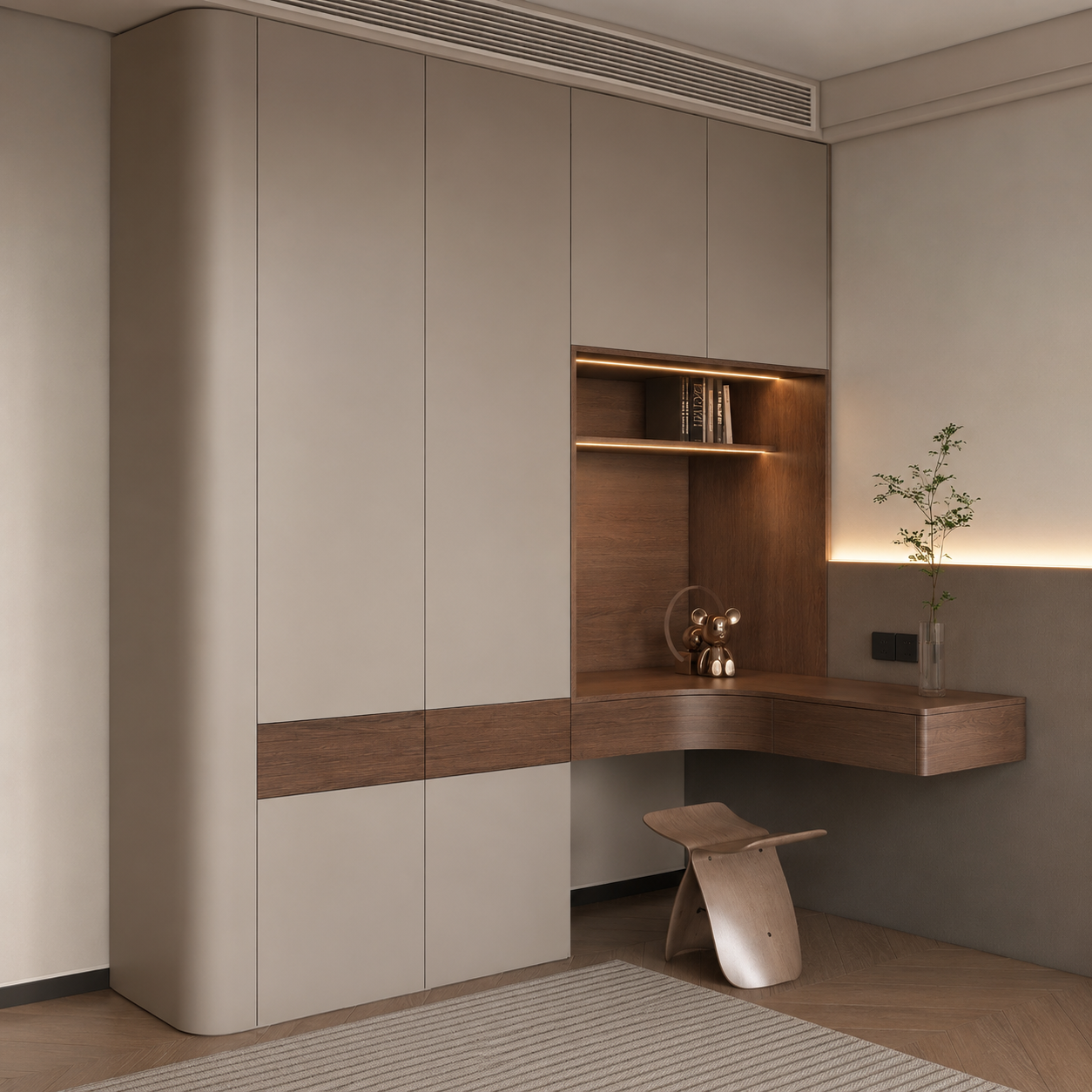 Wood Strip Splice Bedroom Closet with Integrated Corner Desk One-Stop Whole House Customized Cabinet