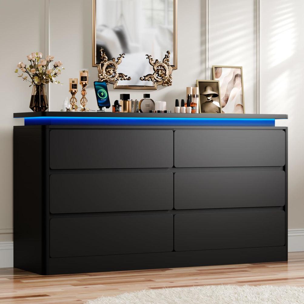 Curved Contour Design 6-Drawer Black Nightstand, 47.2" Long Drawers, with Charging Station and LED Lights