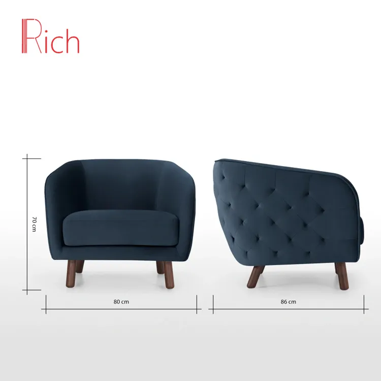 Fabric Velvet Armchair Modern Wood Frame Tufted Blue Accent Chair Side View