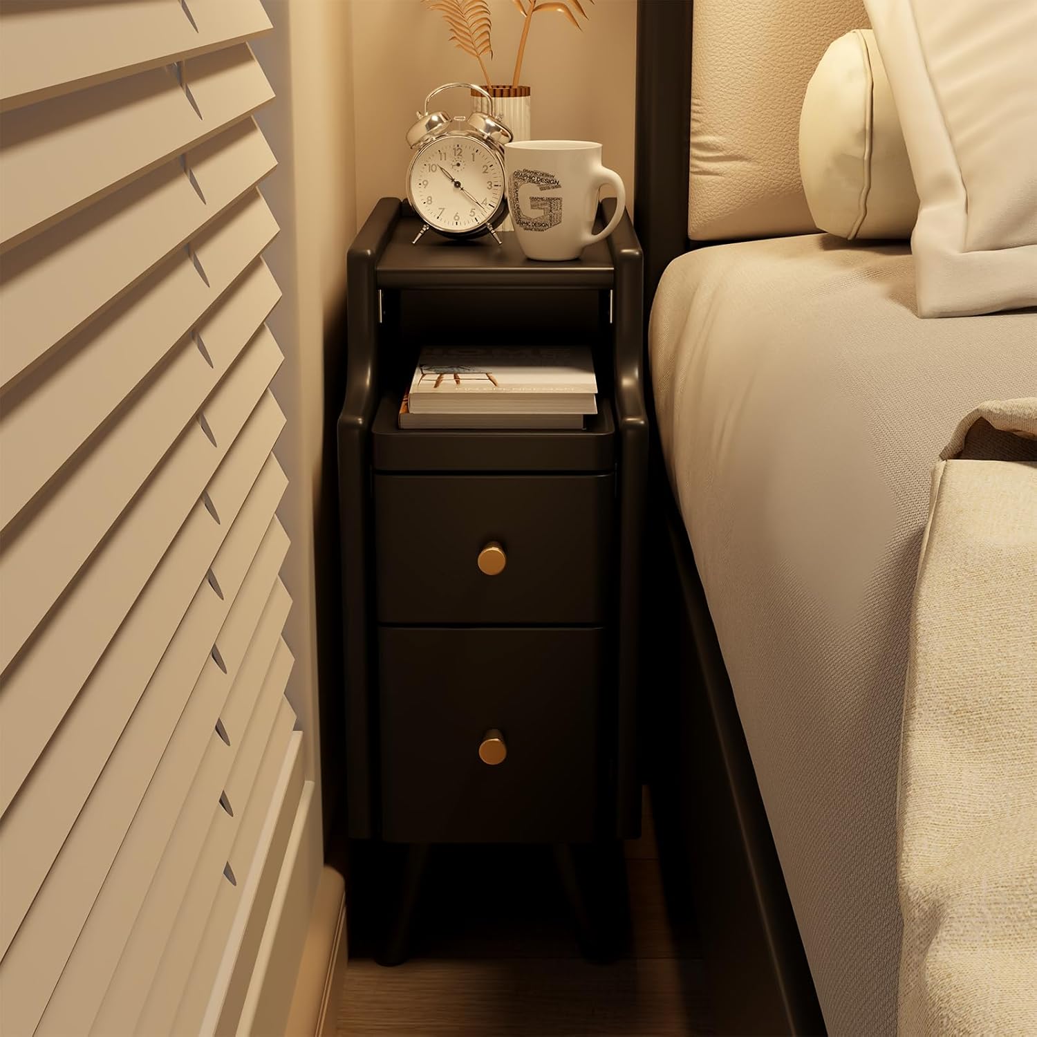 Small Nightstand with Drawers, Solid Wood Bedside Table, Narrow Walnut Nightstand for Bedroom
