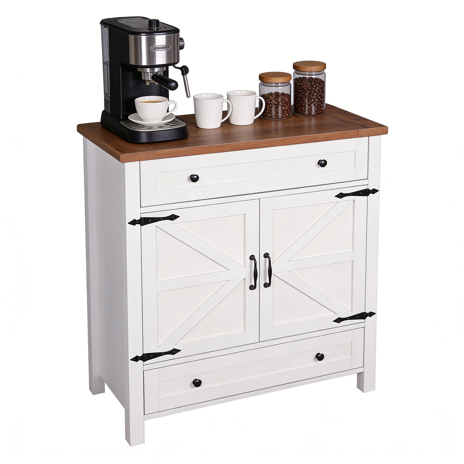 Modern Multifunction Wood Sideboard 2 Doors 2 Drawers White Kitchen Cabinet Barn Door Dining Coffee Bar Buffet Table Storage