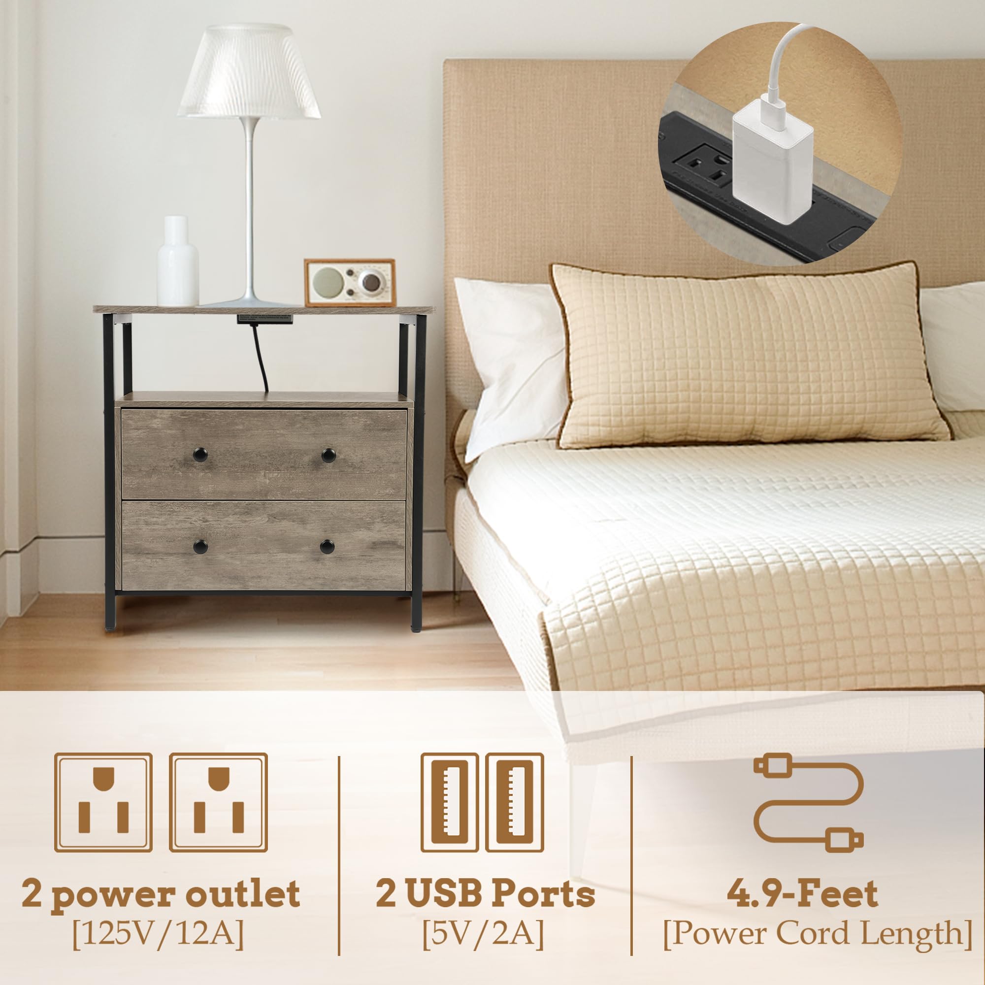 27 Inch Wide Nightstand with Charging Station Bedside Table with Open Shelf 2 Drawers Small Wood Dresser