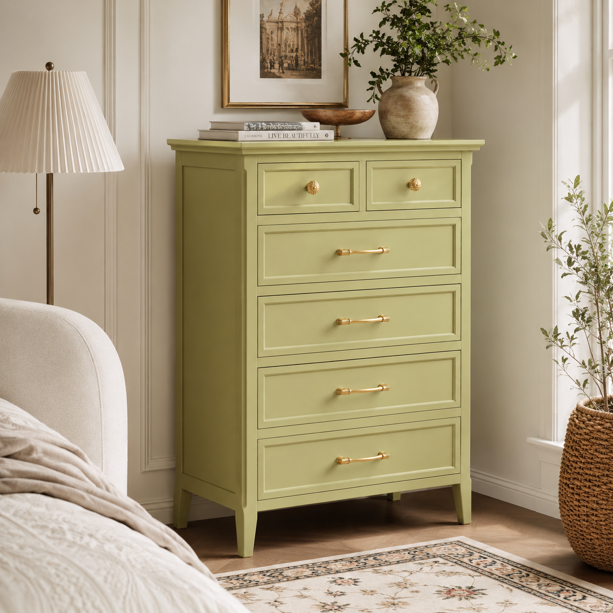 French Vintage Sage Green Chest of Drawers High Capacity Solid Wood Bedroom Storage Cabinet Custom Color Dresser