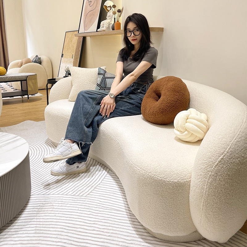 Scandinavian Modular Sectional Sofa with Lamb Velvet Fabric Cream Color Curved Rest Area Lounge Sofa Sponge Filled
