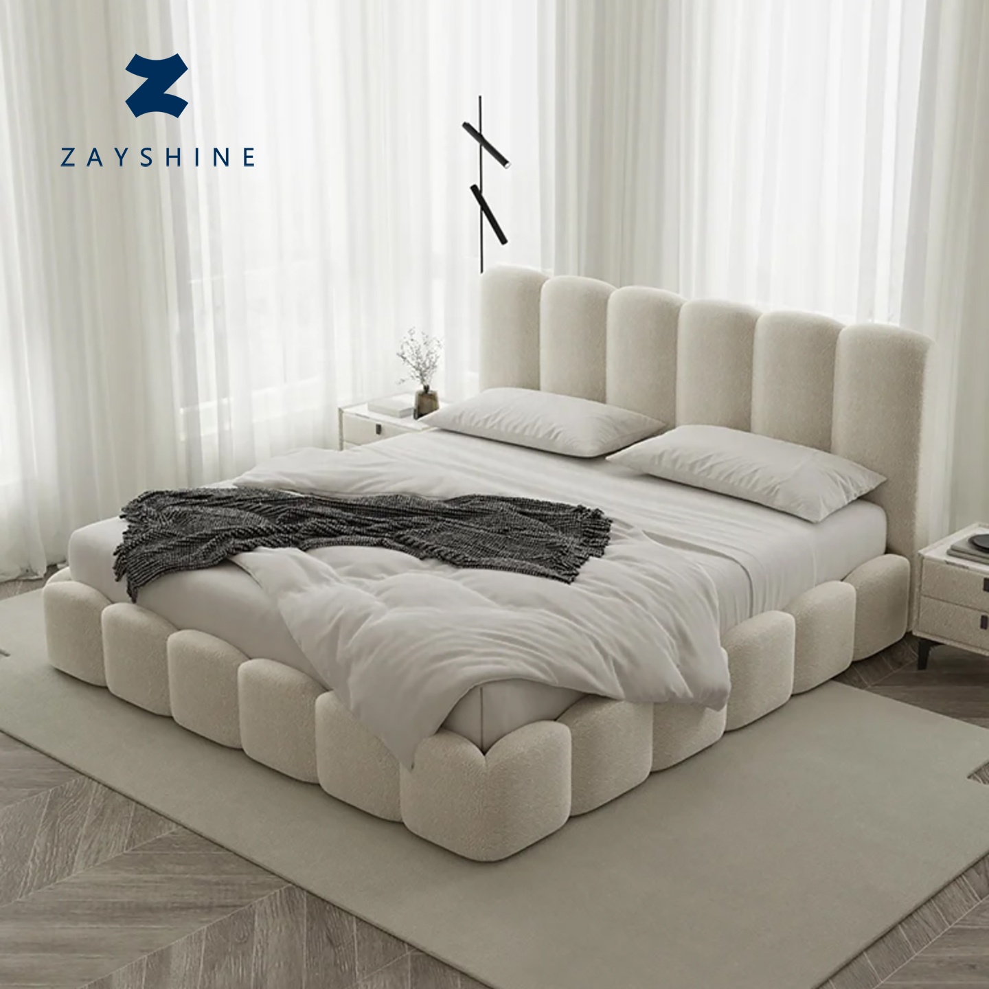 Zayshine French Retro Cream Luxury White Fabric Large Size Master Bedroom Bed 1.5 1.8 Meters Apartment Villa Hotel Double Bed