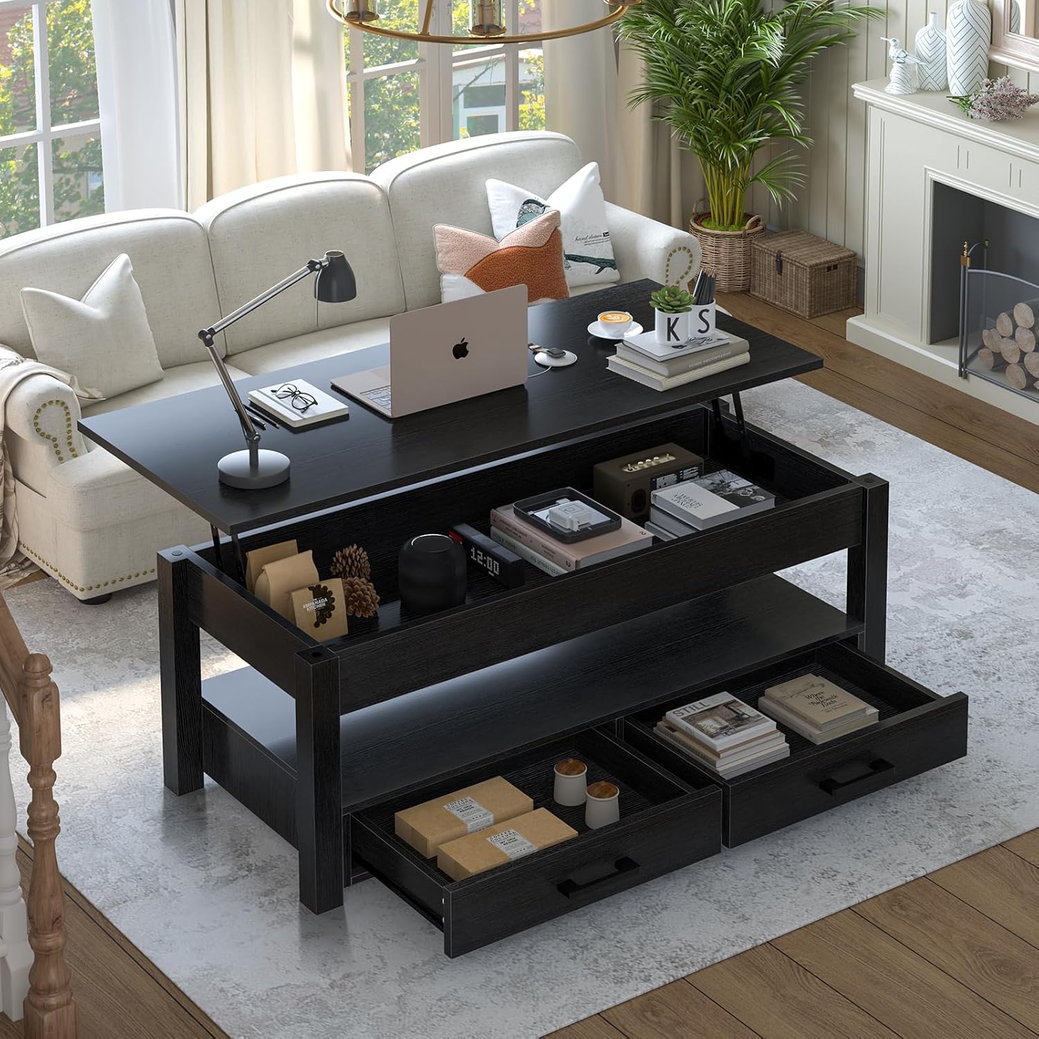 Lift Top Coffee Table with Storage Drawers Hidden Compartment, Center Table for Living Room, Coffee Desk Rising Tabletop