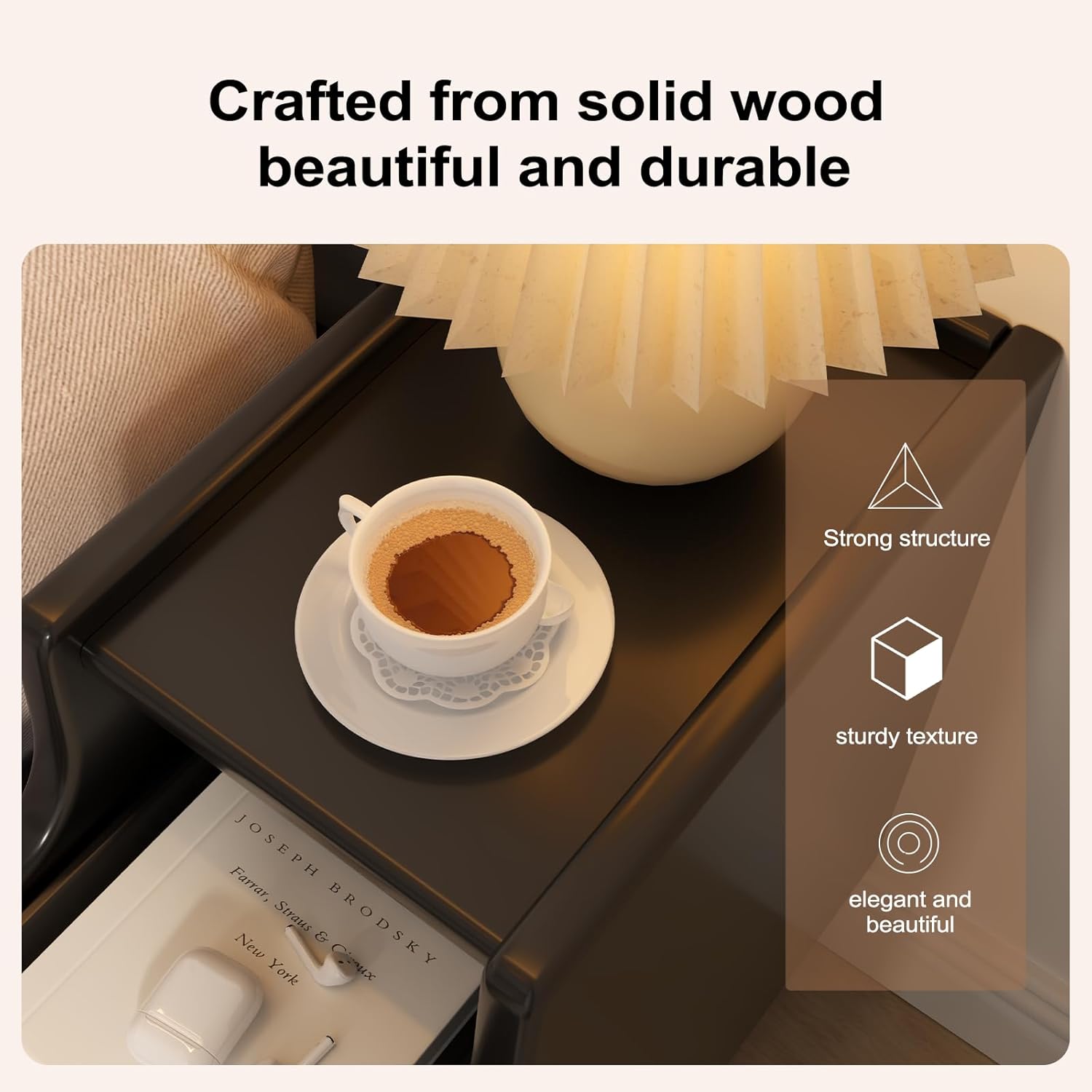 Small Nightstand with Drawers, Solid Wood Bedside Table, Narrow Walnut Nightstand for Bedroom