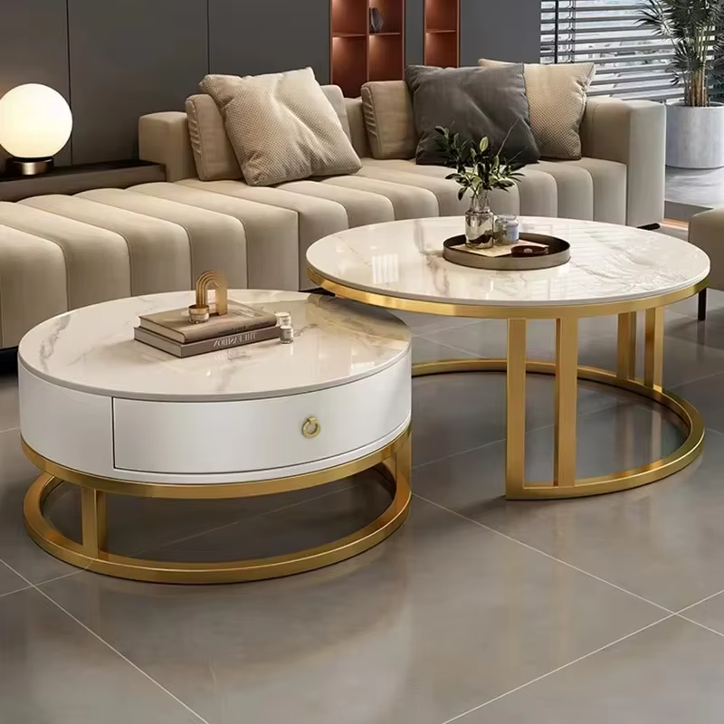 High-end Modern Round Stone Top Stainless Steel Coffee Table with Storage and Extendable Feature for Living Room Furniture