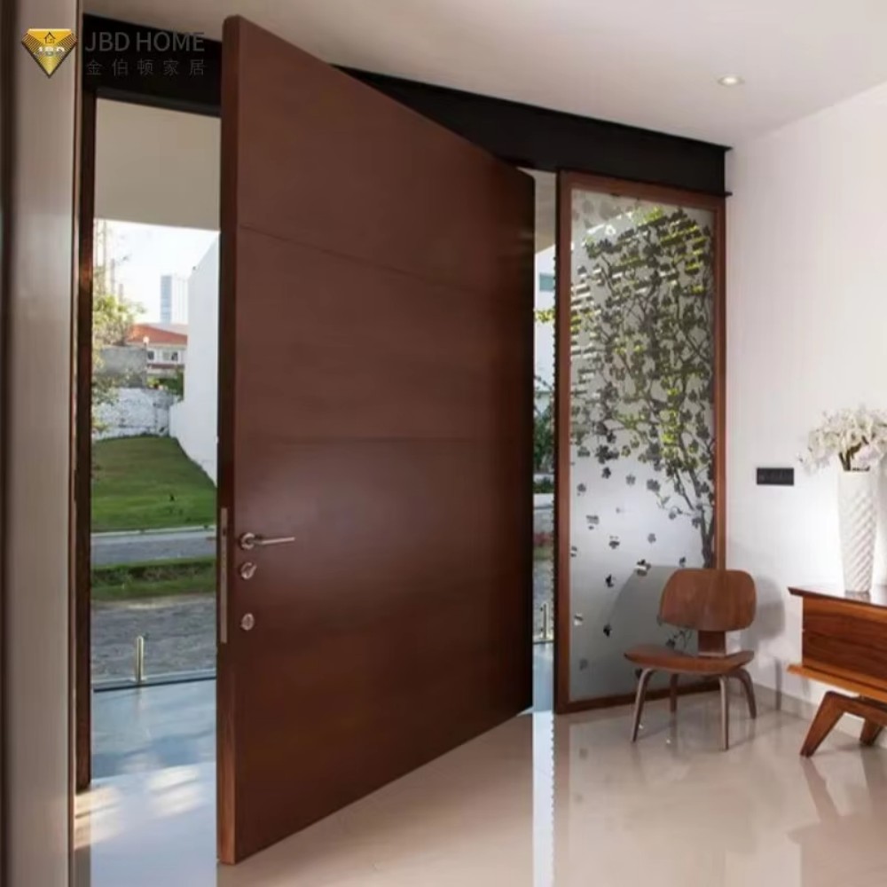Elegant Wooden Pivot Door - Natural Wood Panel With Full-Height Vertical Glass For Seamless Indoor-Outdoor Living