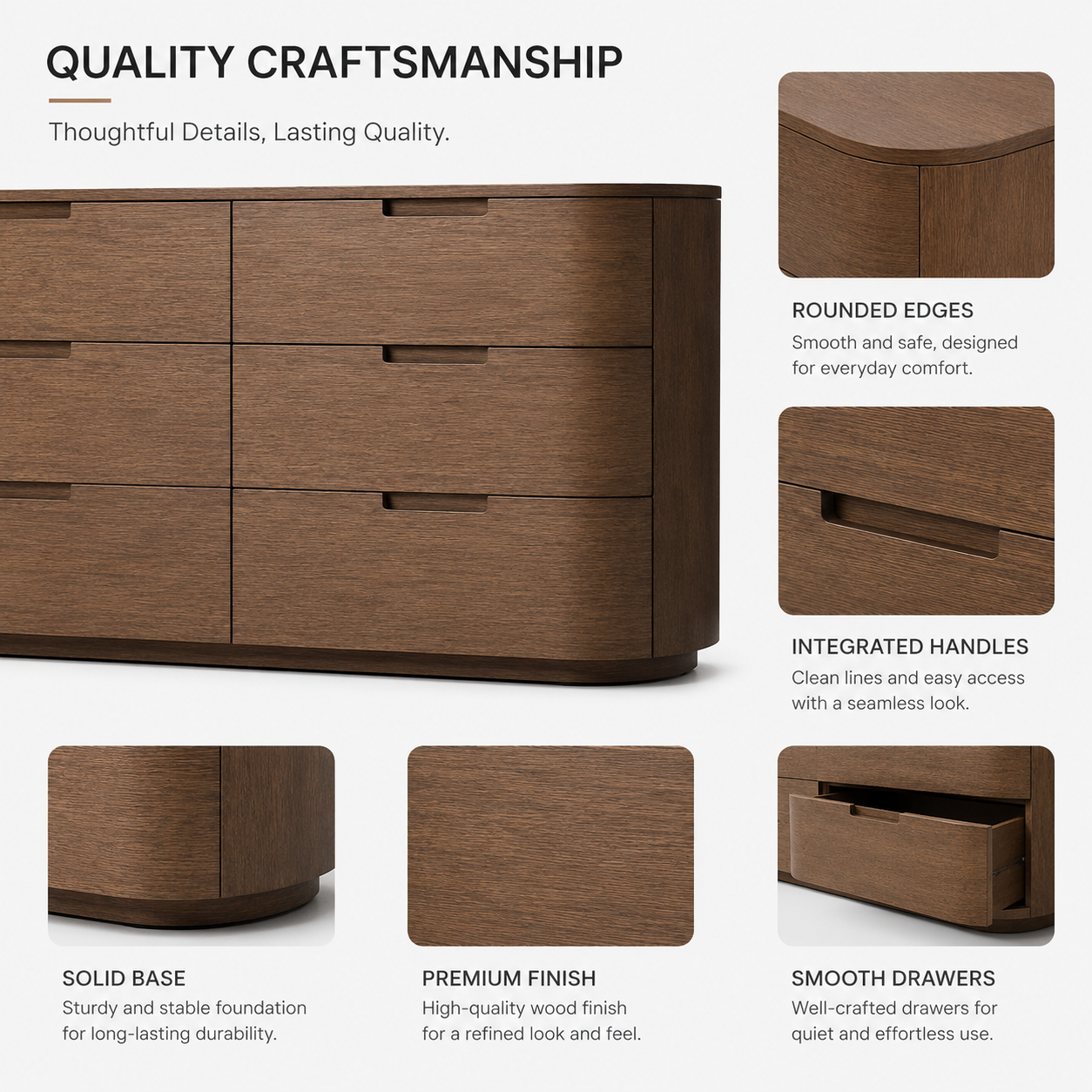 Modern Luxury Curved Walnut Dresser 6-Drawer Chest of Drawers with Recessed Handles for Master Bedroom Villa Project