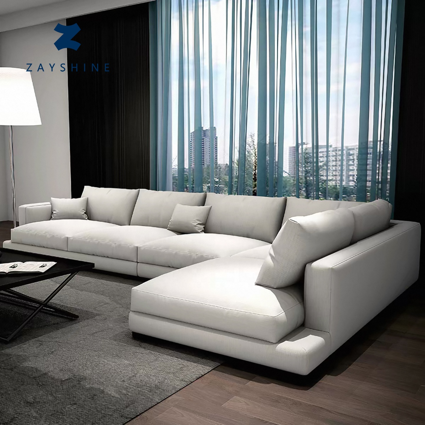 Zayshine Italian Modern Minimalist Luxury White Linen 5-seater Living Room Sofa Set L-Shape Modular Villa Apartment Corner Sofa