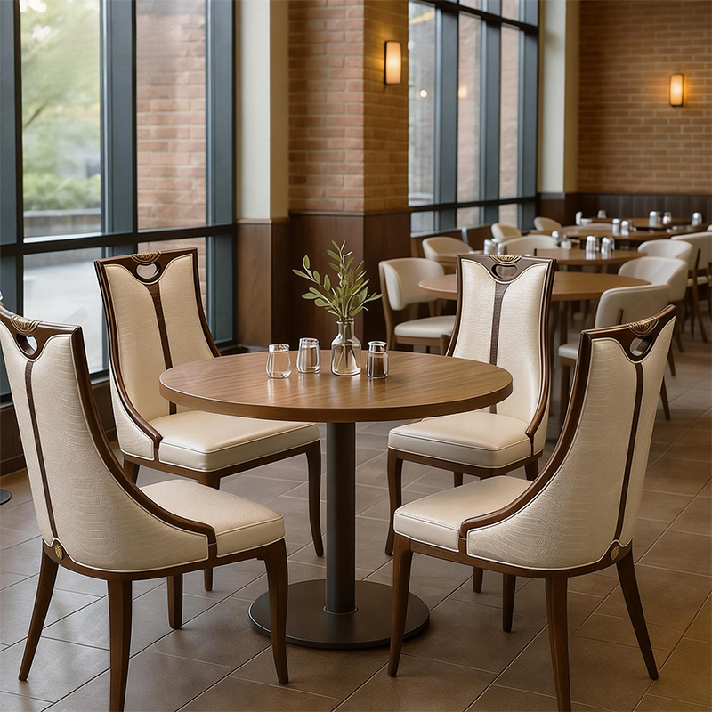 Luxury Commercial Project Upholstered High Back Wood Framework Seating with Central Pedestal Base Table Dining Chair