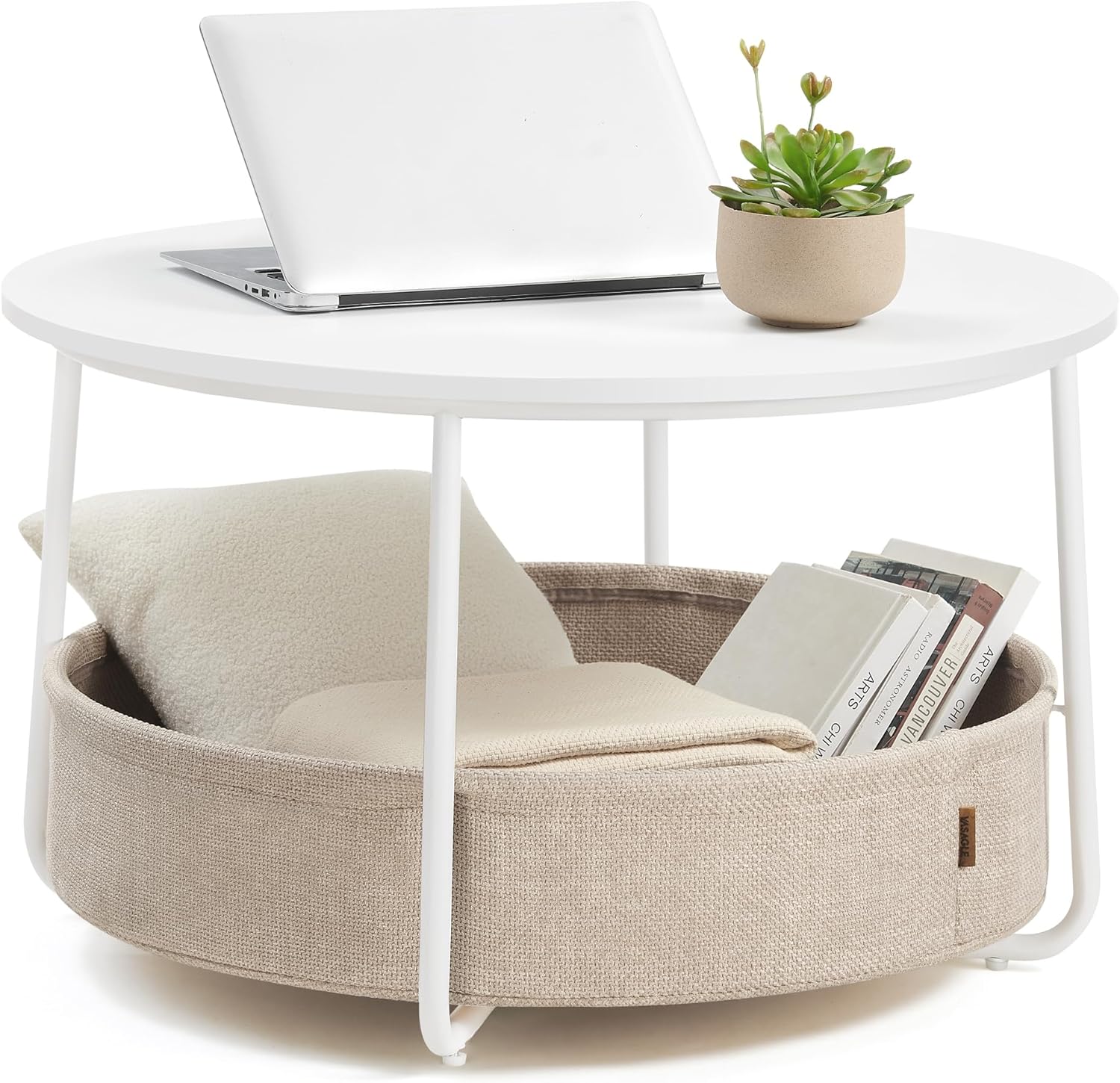 Modern Bamboo Coffee Table with Storage and Fabric Basket Round Design for Living Room (Metal Frame)