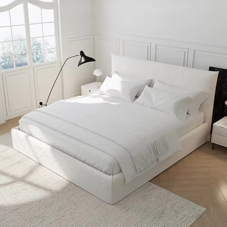 Modern Style Ice Cream Linen Nordic Fabric Double Bed Frame King or Queen Size Removable Washable Upholstered Bedroom Bed