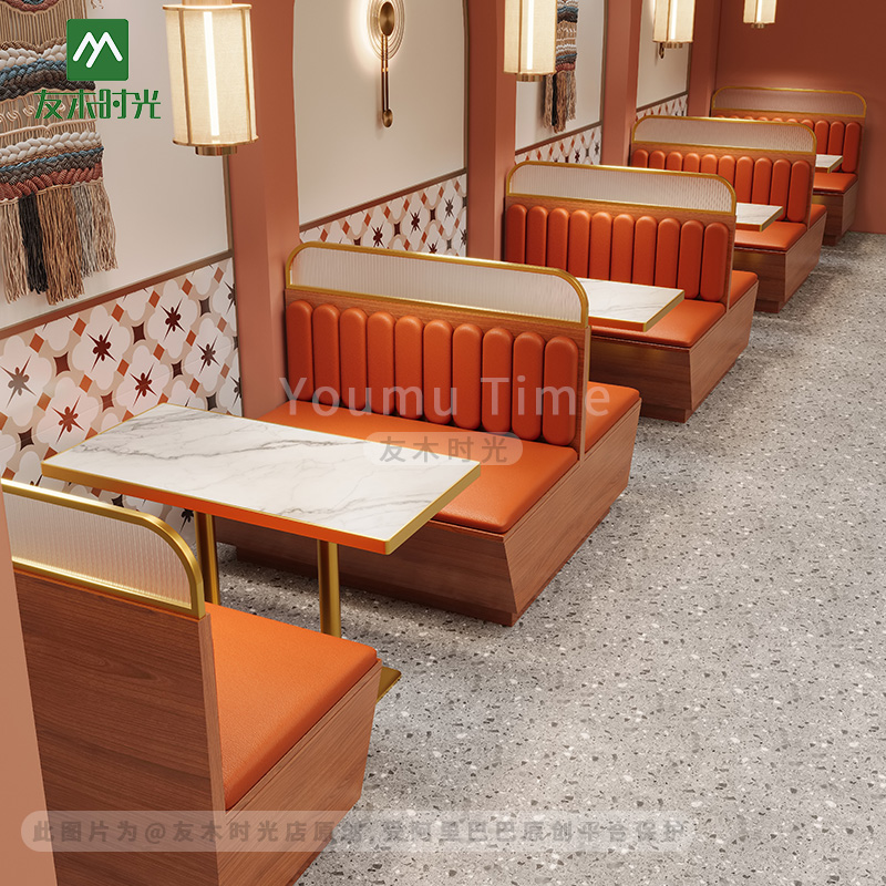 Light Luxury Commercial Restaurant Furniture Set Metal Dining Chairs Sintered Stone Dining Table and Booth Sofas for Cafe Hotel