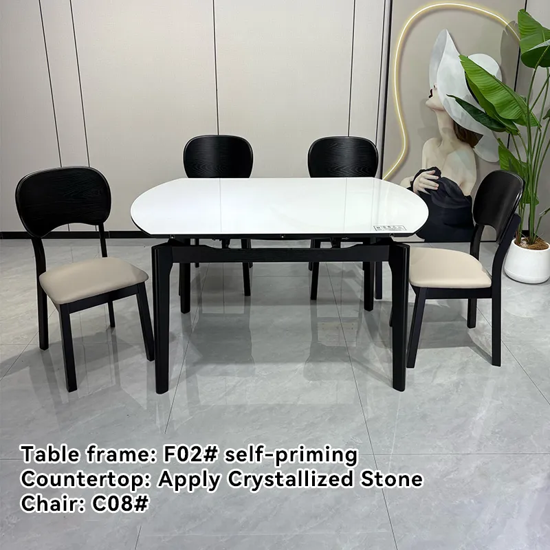 Modern Folding Dining Table Set with 6 Chairs Tempered Glass Top and Solid Wood Frame