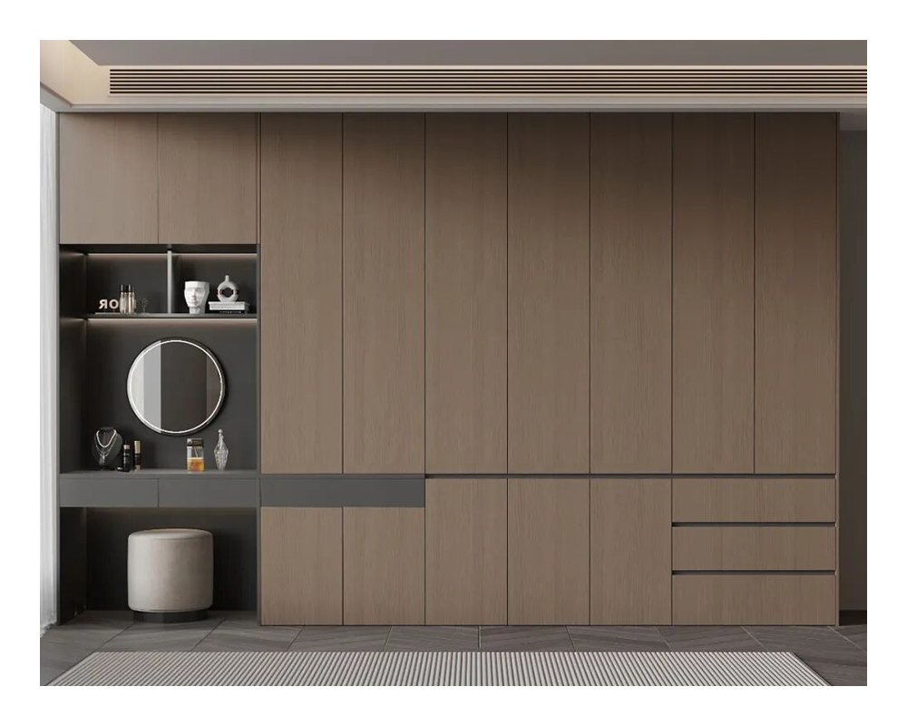 Modern Walnut Wood Walk-in Closet System Glass Door LED Lighting Bedroom Wardrobe
