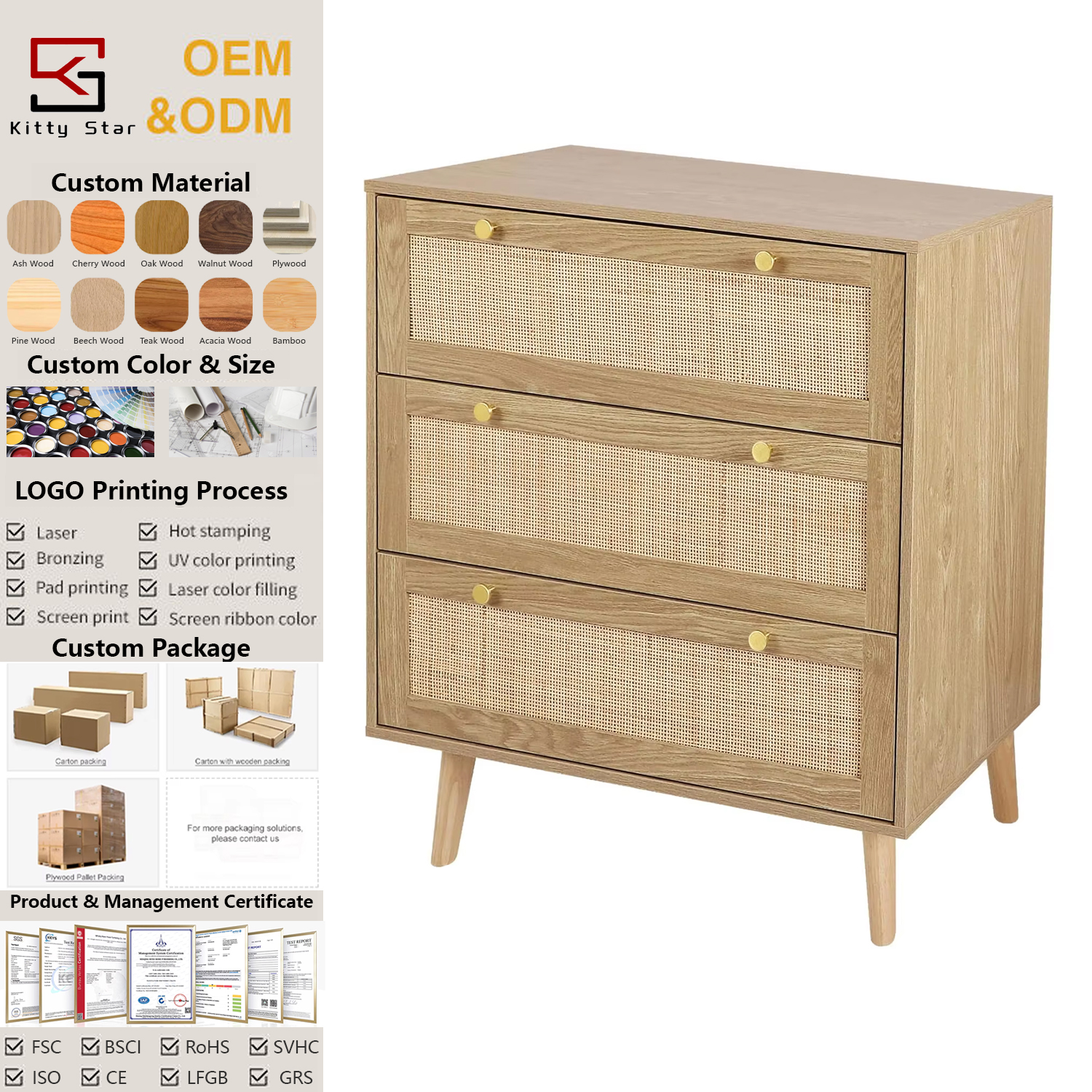 3 Drawer Dresser for Bedroom, Rattan Dresser Modern Wood Chest of Drawers with Spacious Storage for Bedroom Hallway Living Room