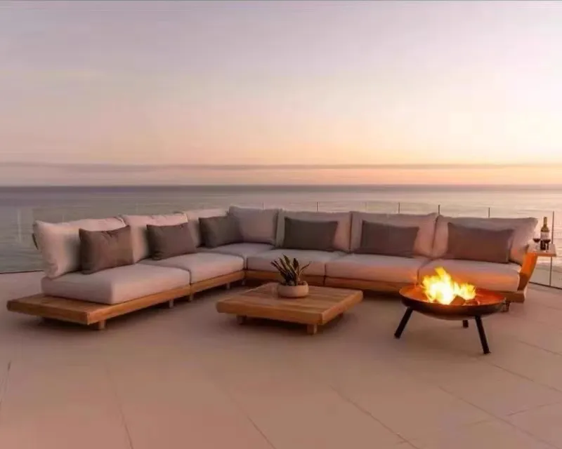 Modern Waterproof Teak Wood Outdoor Furniture Living Room Balcony Garden Patio Hotel Sectional Sofa with Cushions