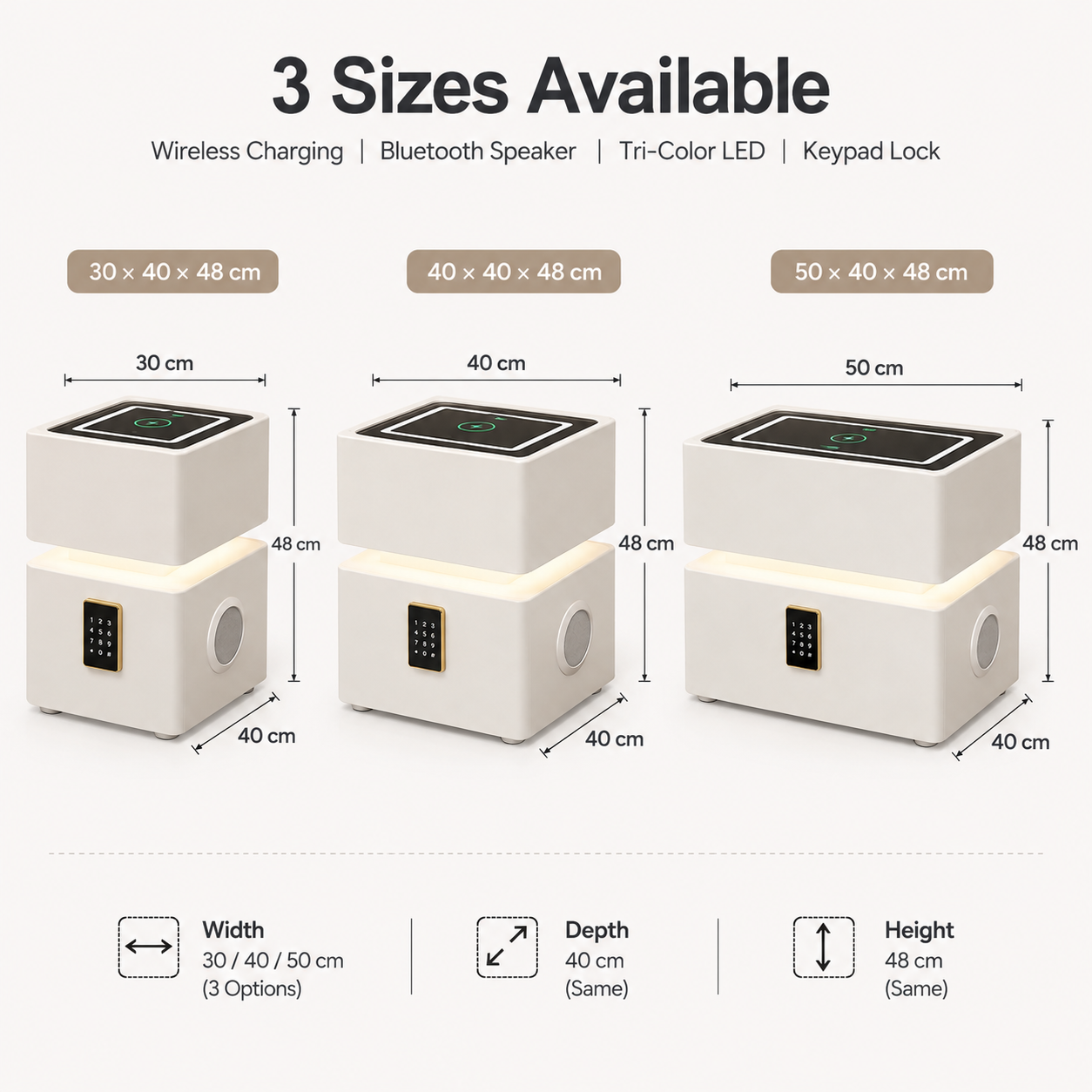15W Wireless Charging Smart Nightstand Fingerprint Lock Bluetooth Speaker LED Bedside Table Dual Drawer Storage Bed Furniture