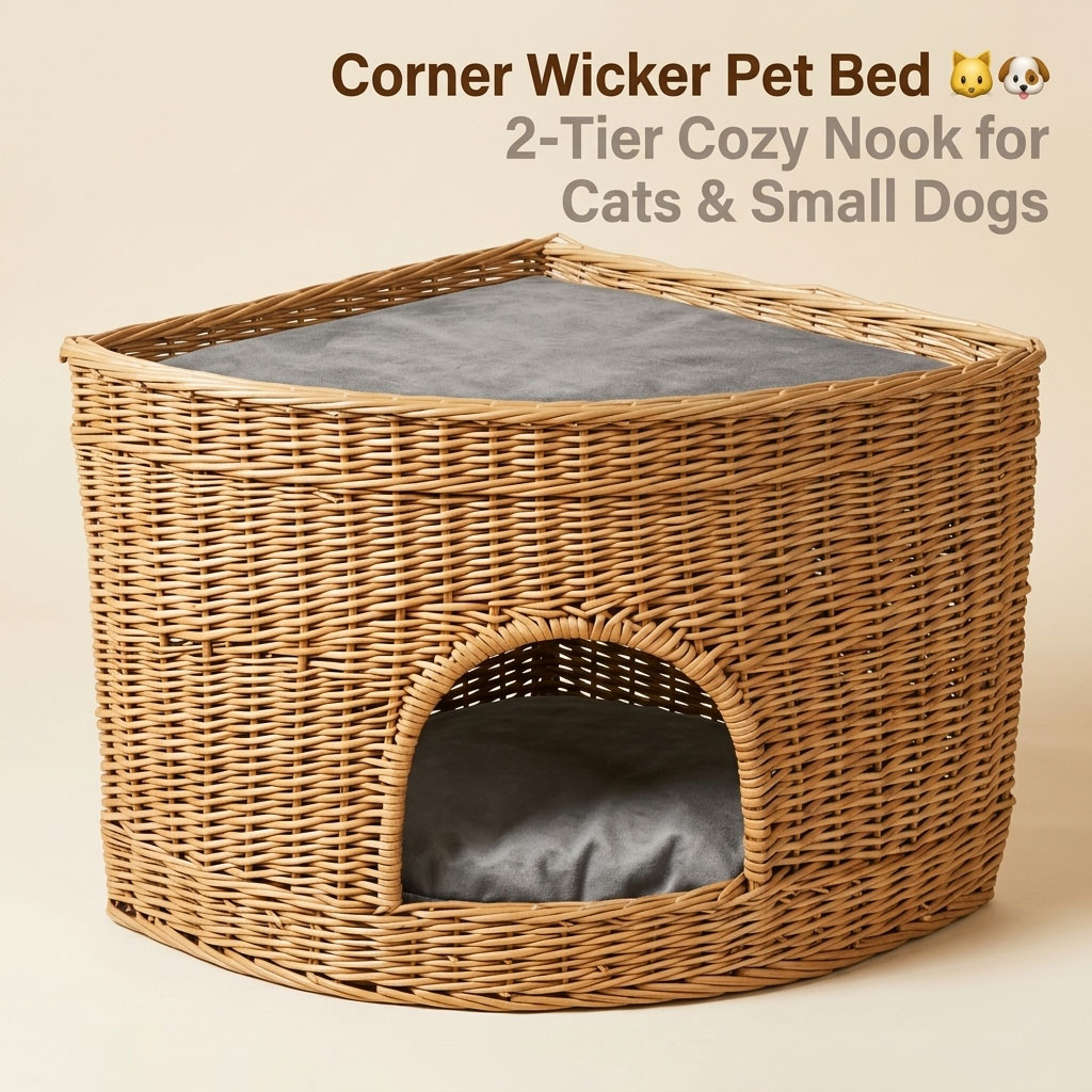 Wholesale Natural Handwoven Rattan Wicker 2-in-1 Multifunctional Pet Dog Cat House Bed Ottoman Side Table Storage Basket