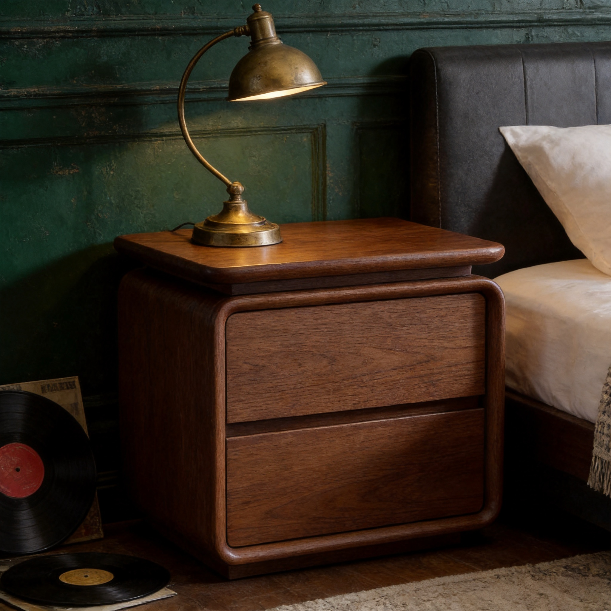 Retro Curved Edges All Solid Wood Bedside Table Natural Walnut Grain Mid-Century Modern Nightstand Large Capacity Storage