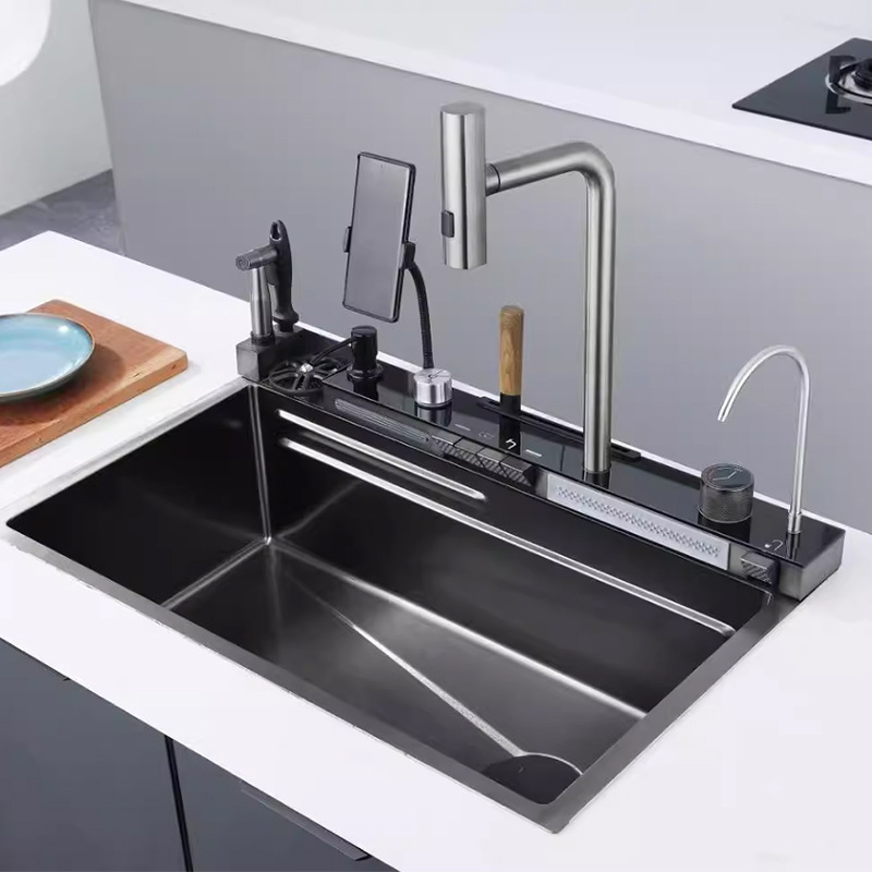Smart Modern Single Kitchen Sink Nano Stainless Steel Multifunctional Rain Fly Waterfall Black Smart Sink With Phone Holder