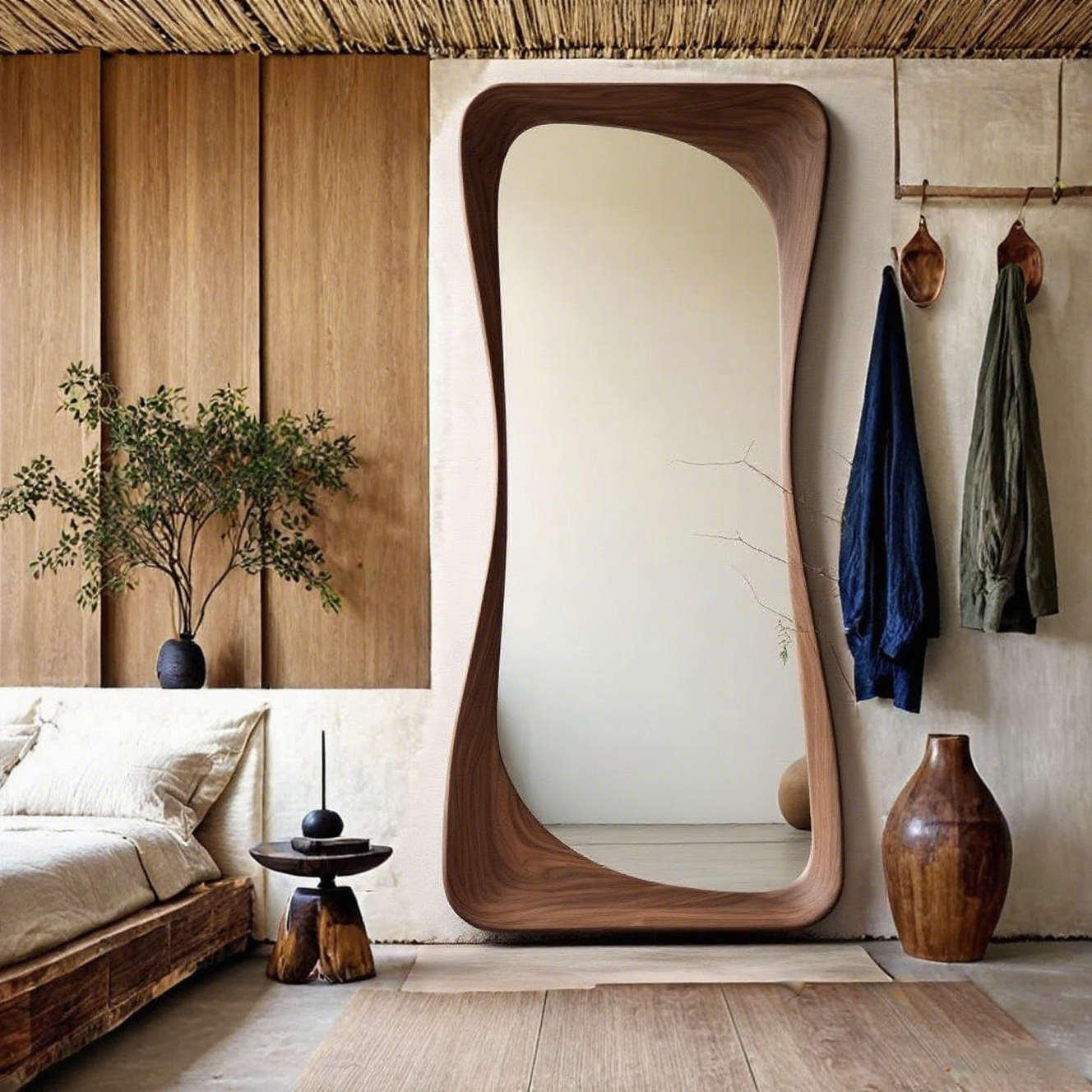 Irregular Shaped Full Length Mirror With Curved Walnut Wood Frame Organic Body Mirror Modern Japandi Living Room Factory Direct
