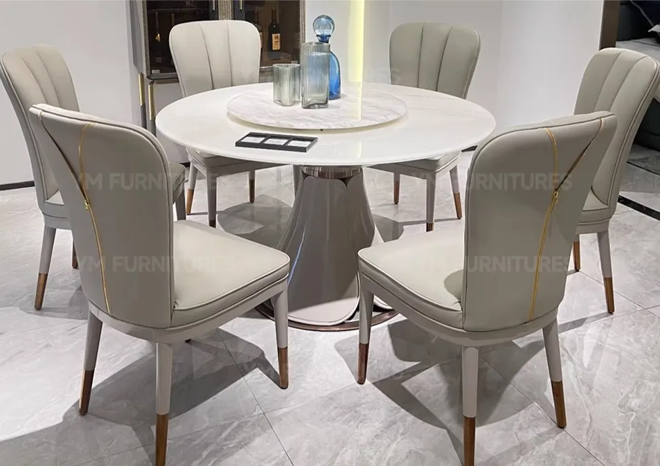 Dining Room Modern Furniture Round Wooden Lacquer Dining Table Set with Rotating Turntable