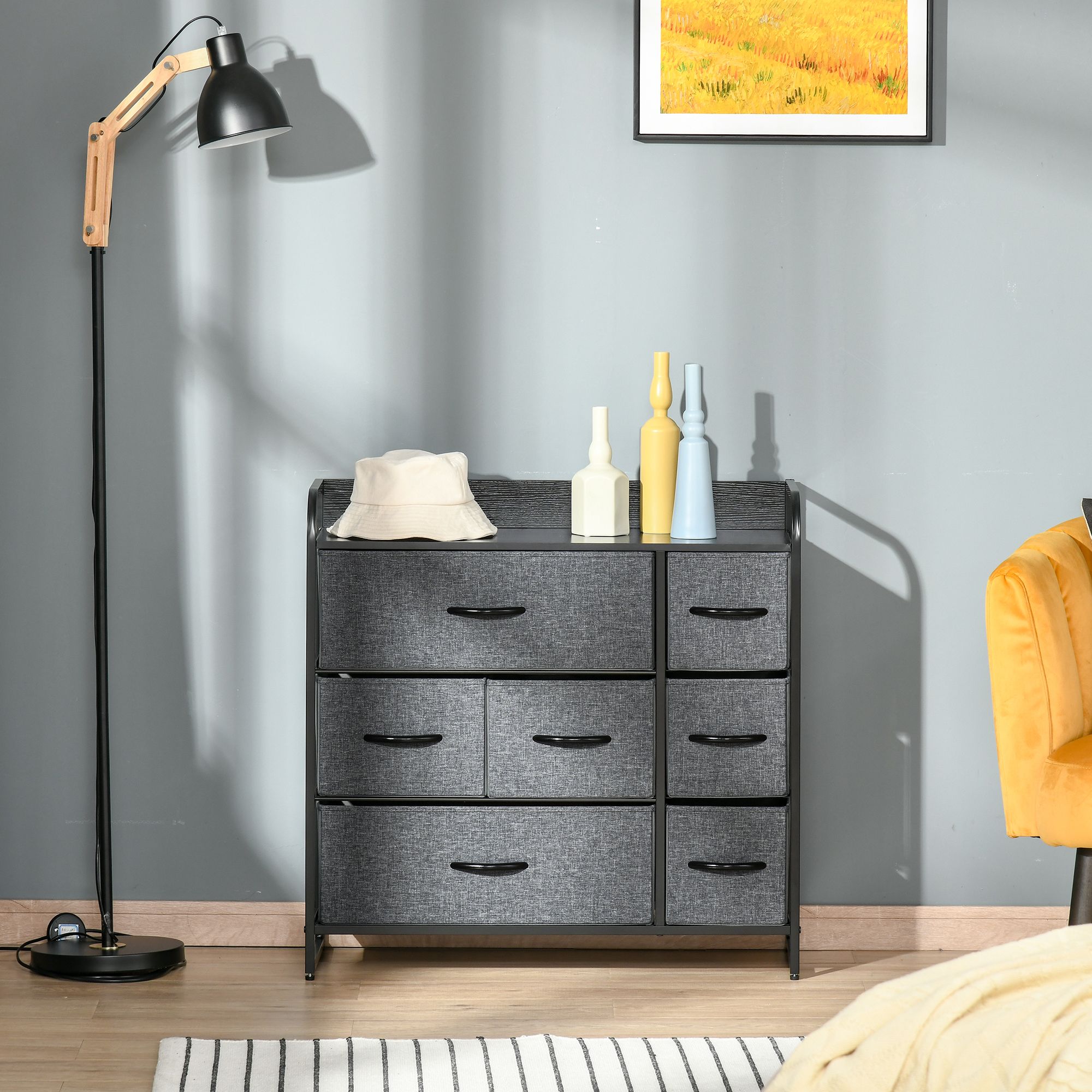 7-Drawer Gray Dresser with Steel Frame &amp; Wooden Top Fabric Chest for Bedroom or Hallway Storage