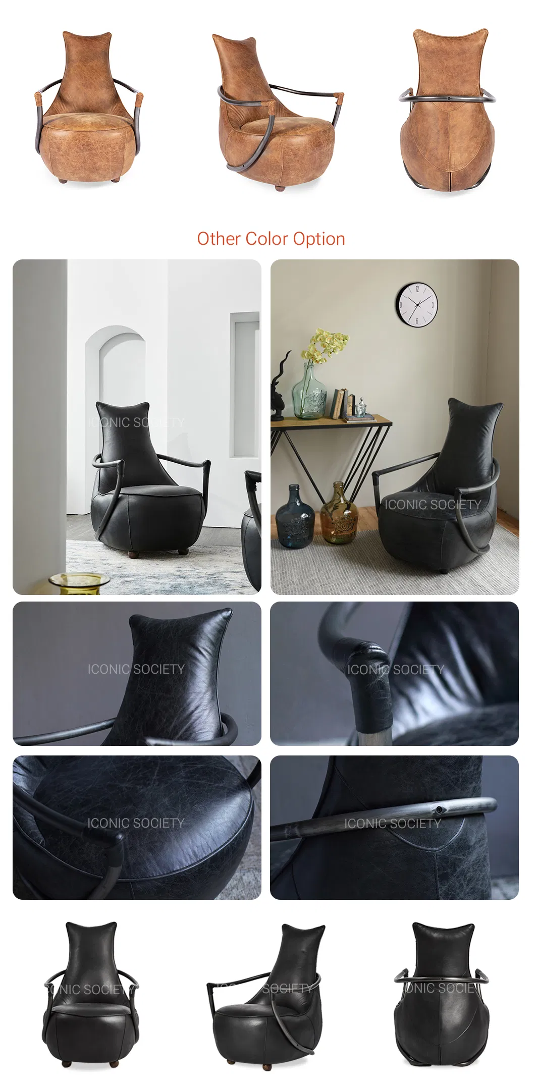Modern Industrial Hotel Living Room Furniture Leisure Metal Steel Genuine Leather Lounge Occasional Accent Arm Chair