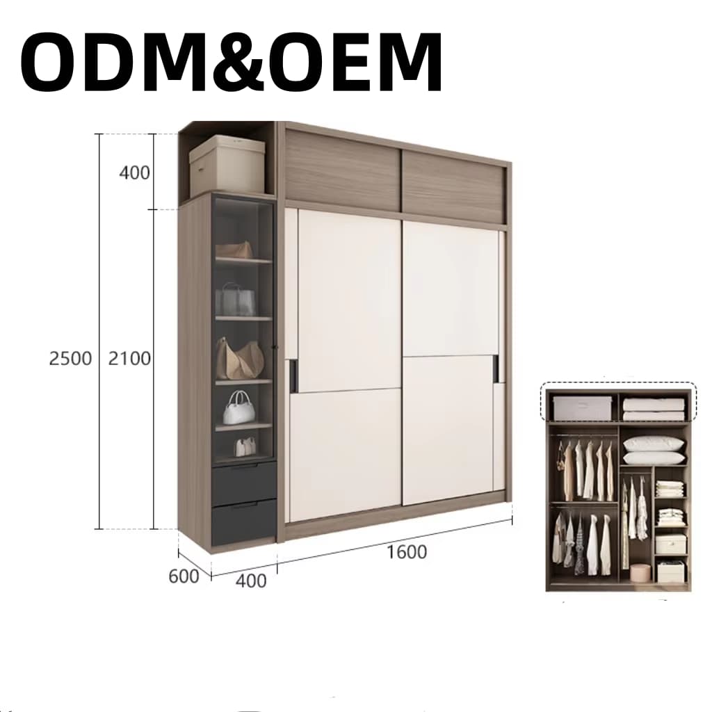 Modern Design One Zero One Sliding Door Wooden Closet MDF Material Movable Cloth Fitting Wardrobe Cabinet for Bedroom Furniture