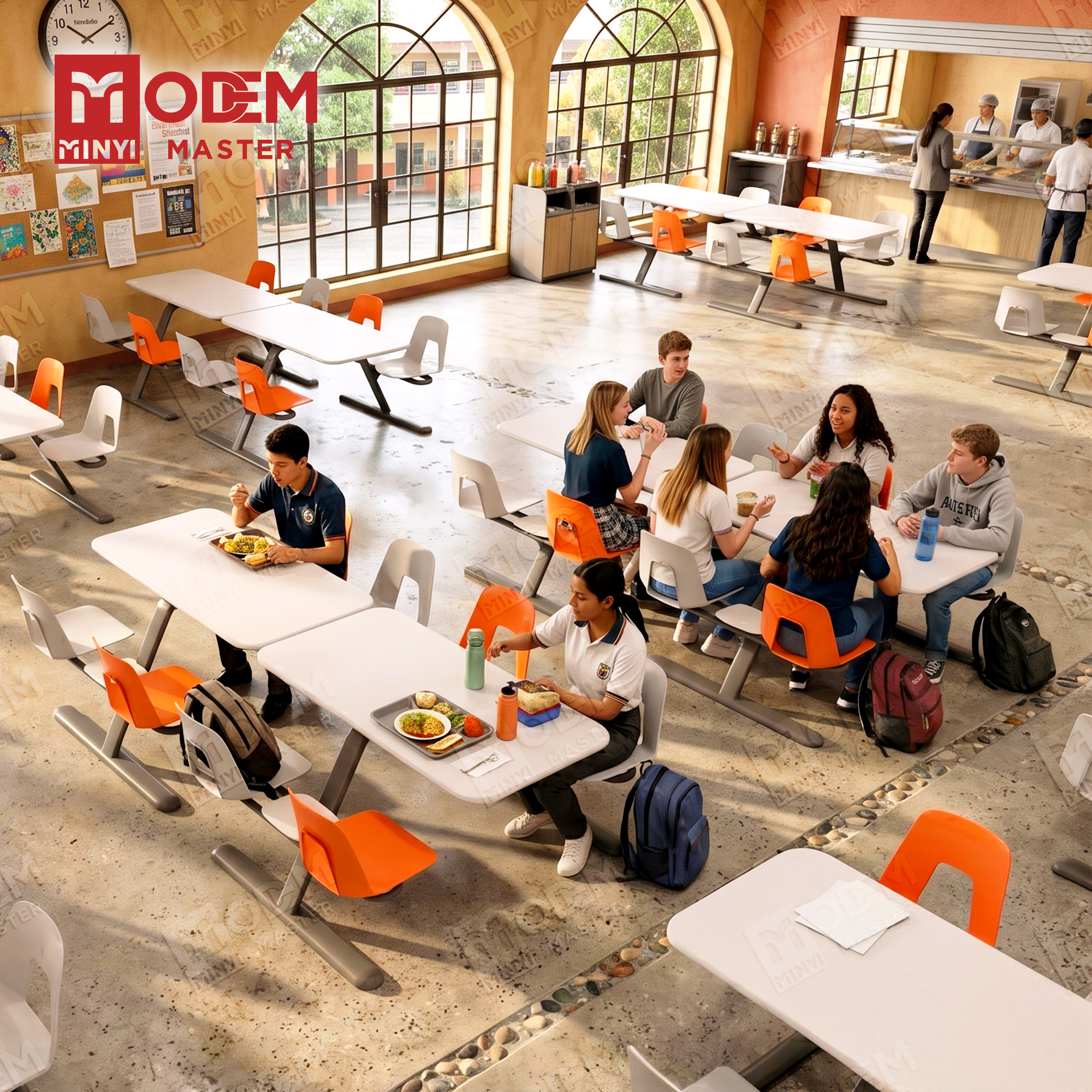 MINYI PANCA Wholesale Factory Dining Hall Cafeteria Tables &amp; Chair 4 Seat Dining Chair Set Dining Table &amp; Chairs Staff Students