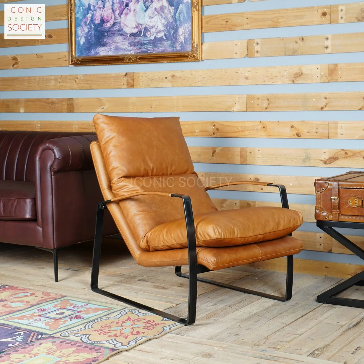 Modern Industrial Home Living Room Living Room Club Leisure Hotel Furniture Metal Steel Genuine Leather Lounge Accent Arm Chair