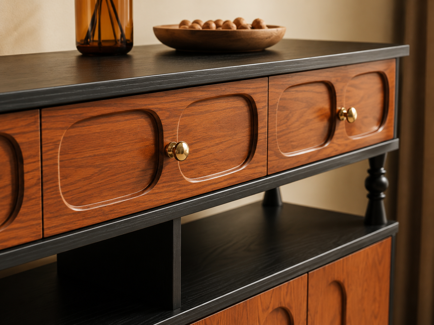 Mid Century Solid Wood Sideboard Buffet Cabinet Retro Kitchen Storage Cabinet with Drawers and Doors for Dining Room Living Room