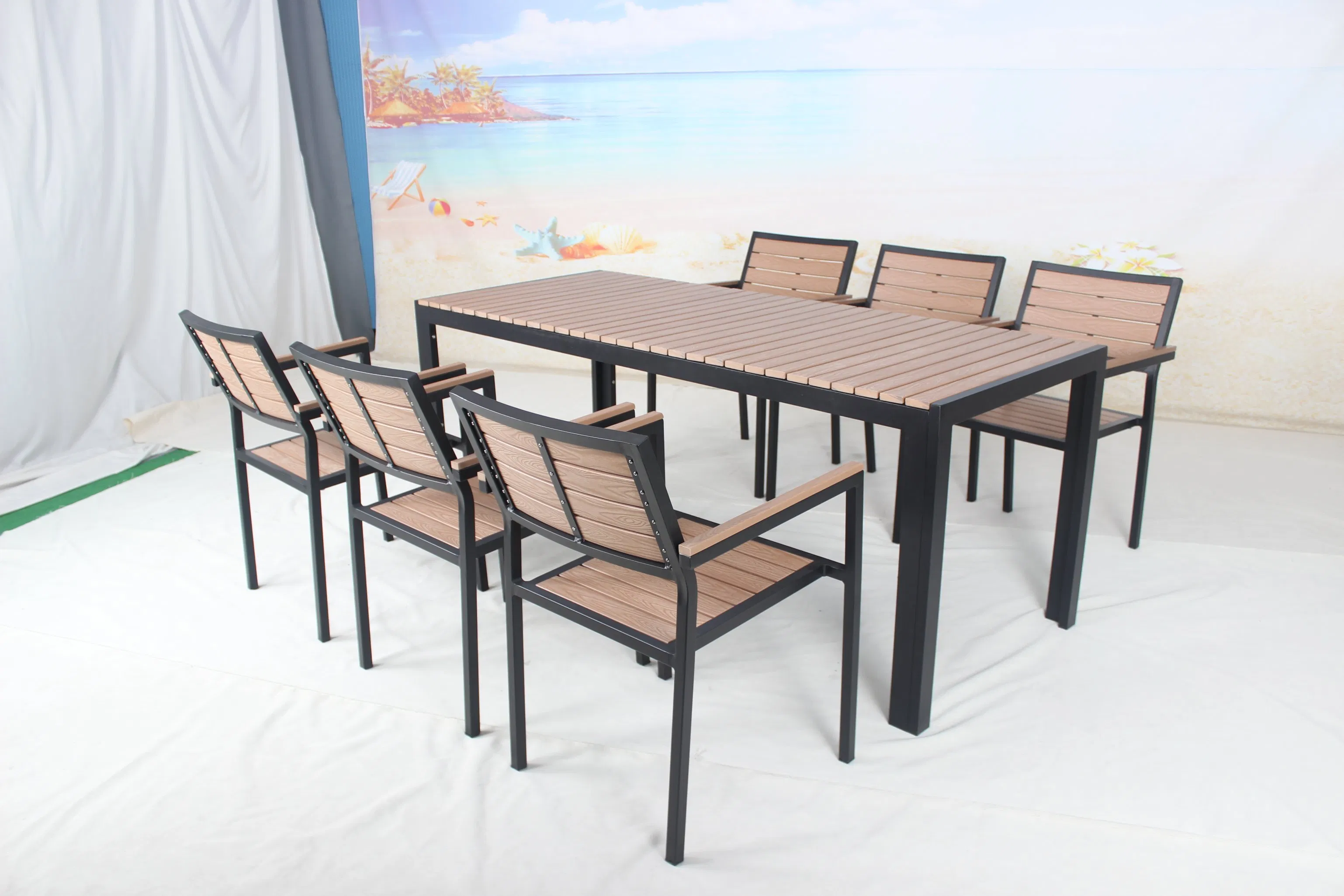 Outdoor Restaurant 7 Pieces Plastic Wood Table Chairs Garden Furniture Dining Set