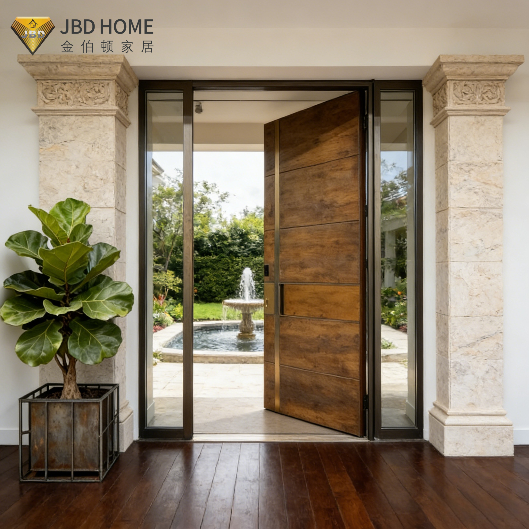 Elegant Wooden Pivot Door - Natural Wood Panel With Full-Height Vertical Glass For Seamless Indoor-Outdoor Living
