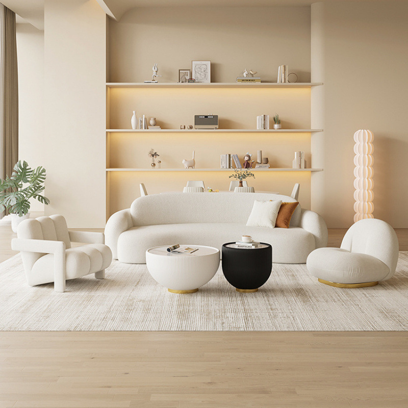 Elegant Cream Hued Cloth Arc Shaped Durable Sectional Sofa Minimalist Design Trending On Social Media For Modern Living Room