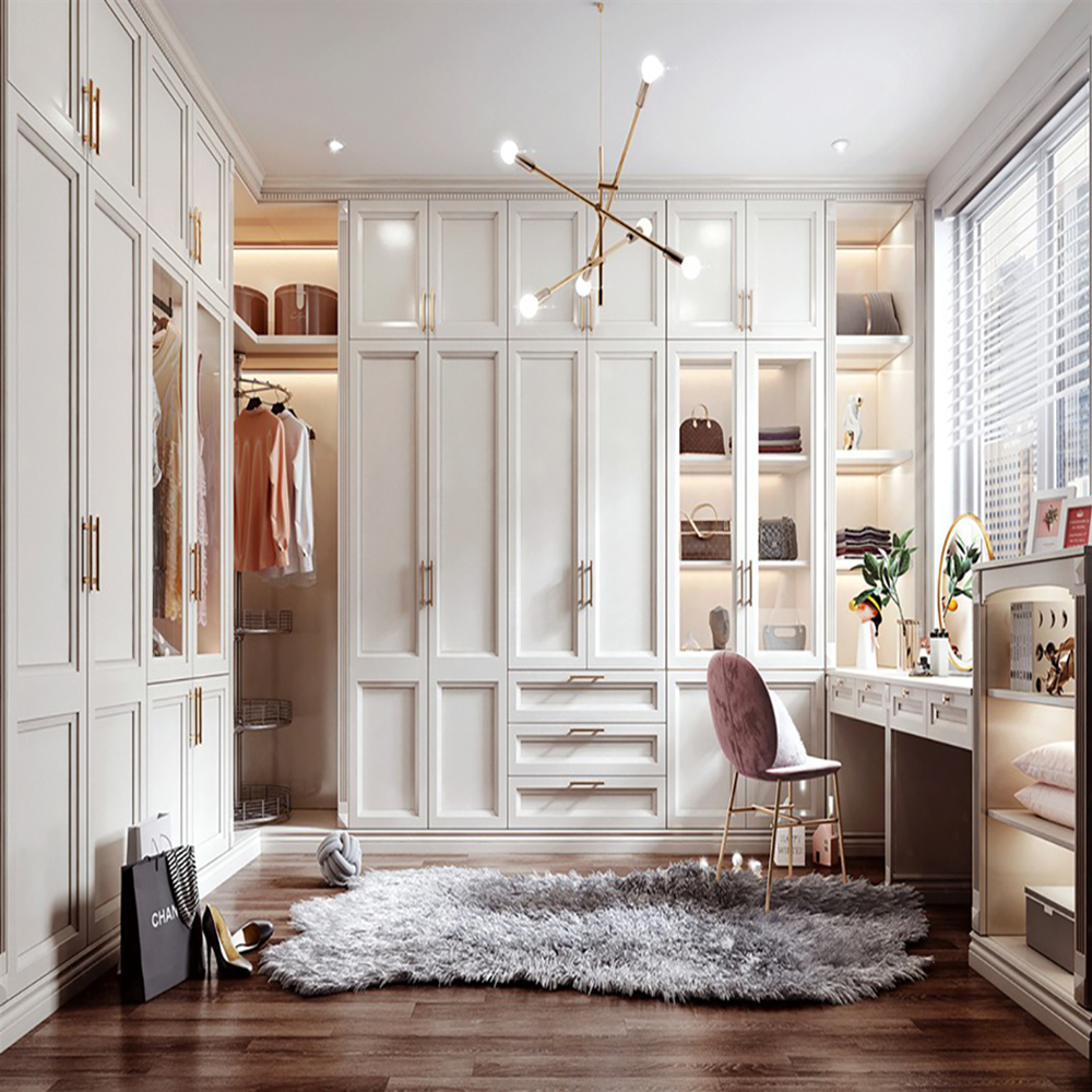 Foshan Manufacturer Modern Luxury White Wardrobes Custom Bedroom Clothes Cabinet Glass Door Wooden Wardrobe Closet For Villa