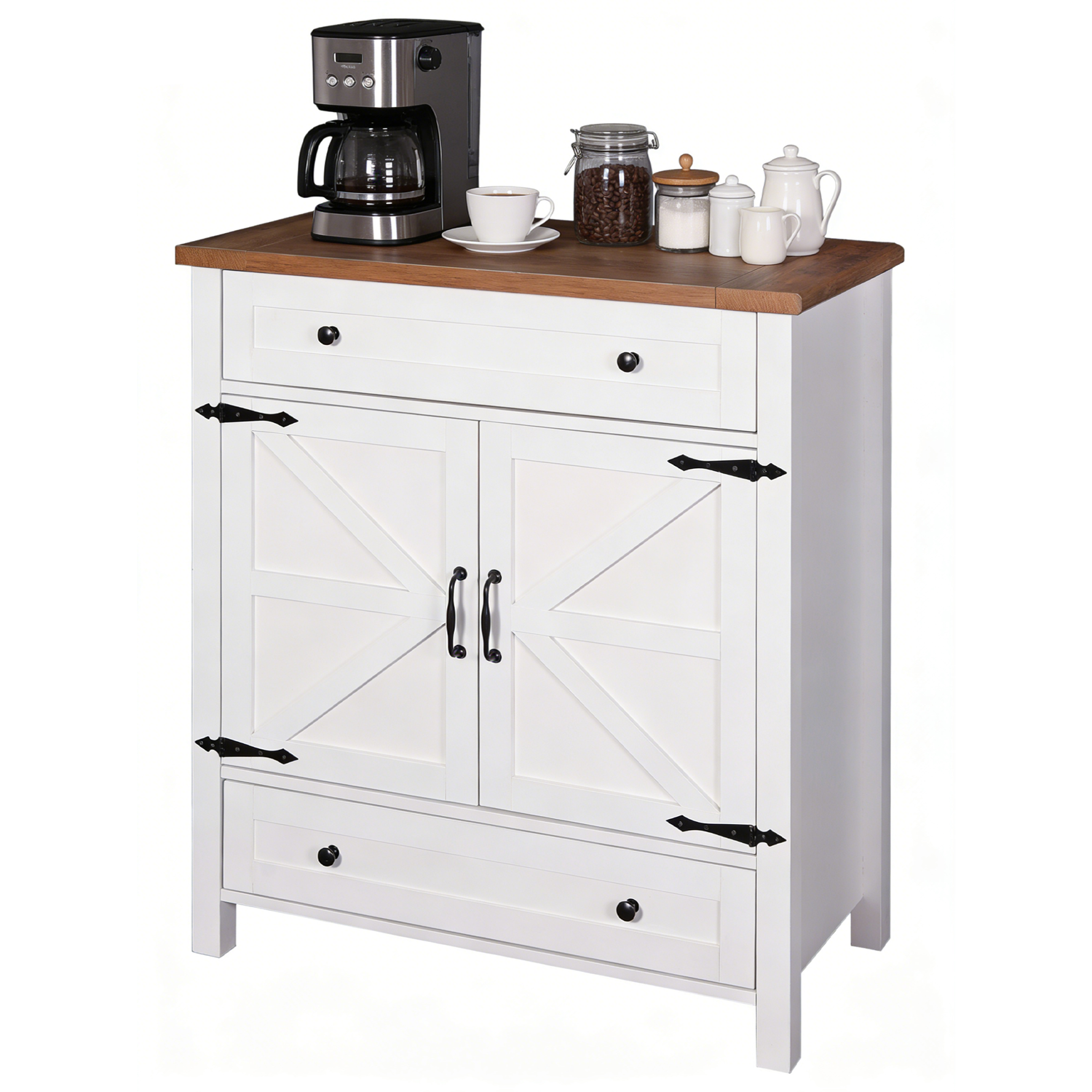 Modern Multifunction Wood Sideboard 2 Doors 2 Drawers White Kitchen Cabinet Barn Door Dining Coffee Bar Buffet Table Storage