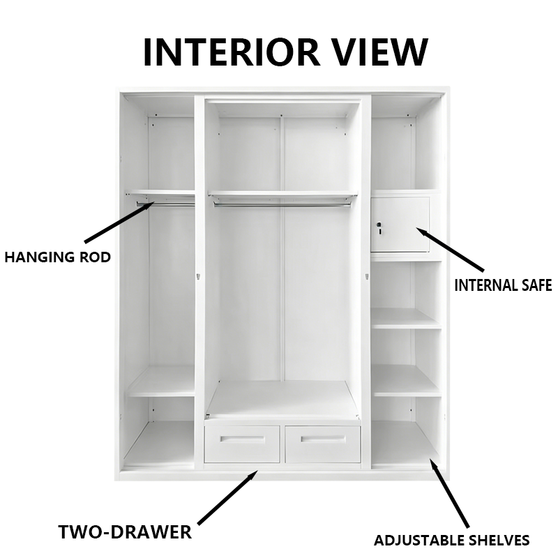 Modern Sliding Door Steel Wardrobe Closet with Mirror &amp; Drawer Cabinets Lemari Pakaian for Bedroom Furniture