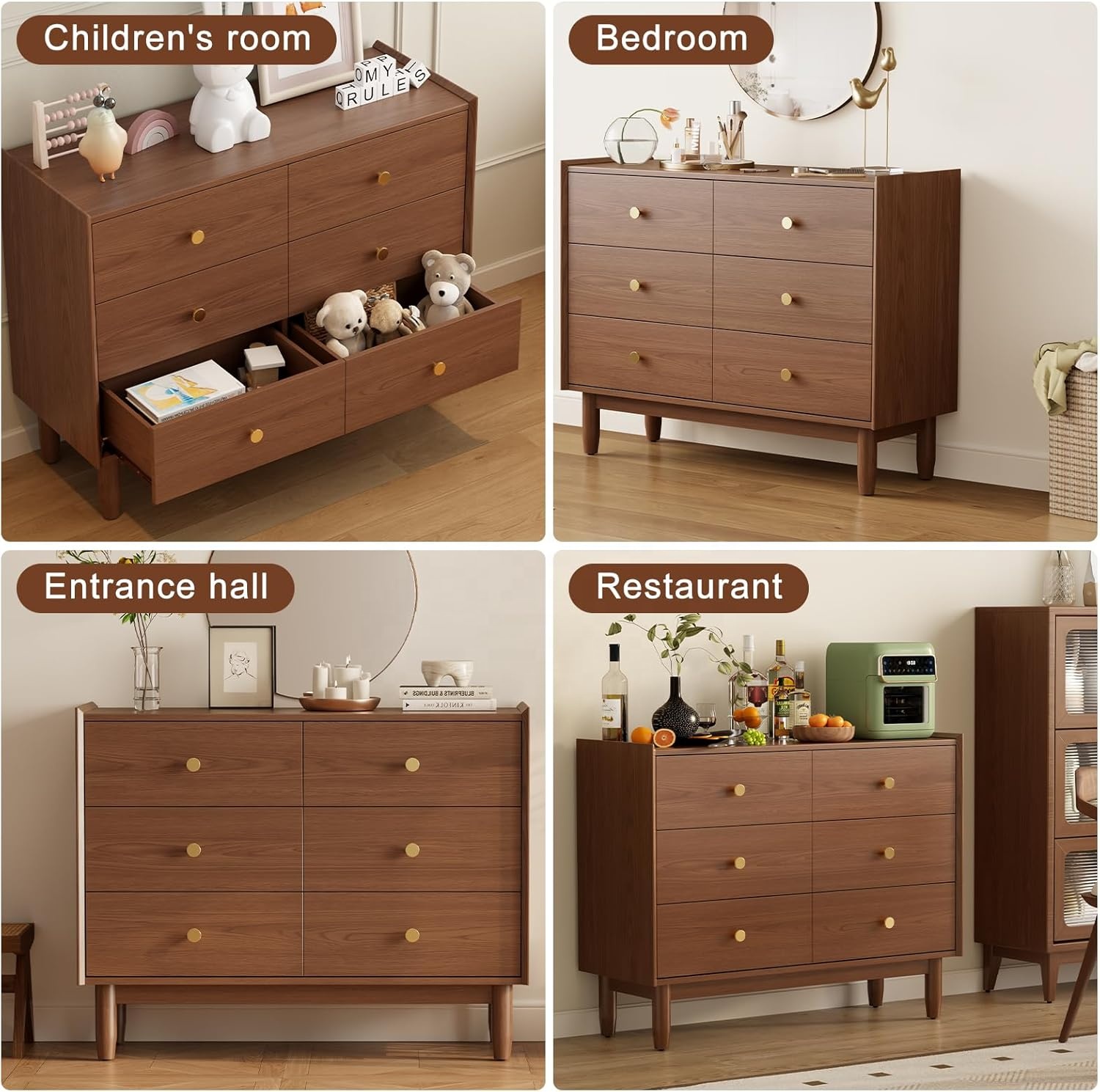 US Stock 6-Drawer Wood Dresser with Brushed Finish Large Storage Cabinet Bedroom Closet &amp; Kitchen Living Room Furniture DG026
